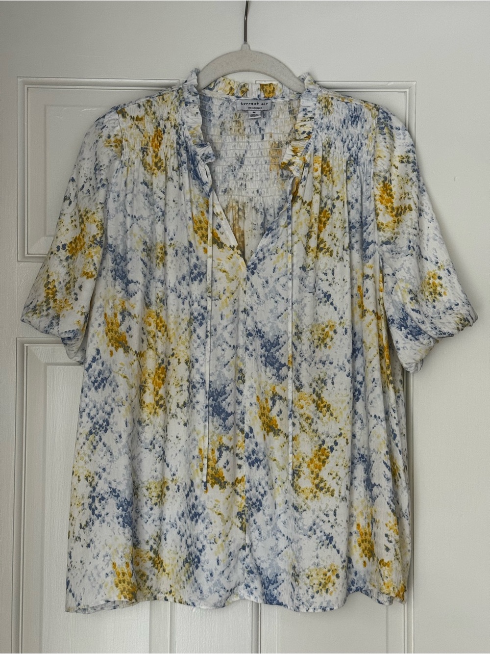 Current Air Floral Smocked Neck Blouse Blue Yellow Size M